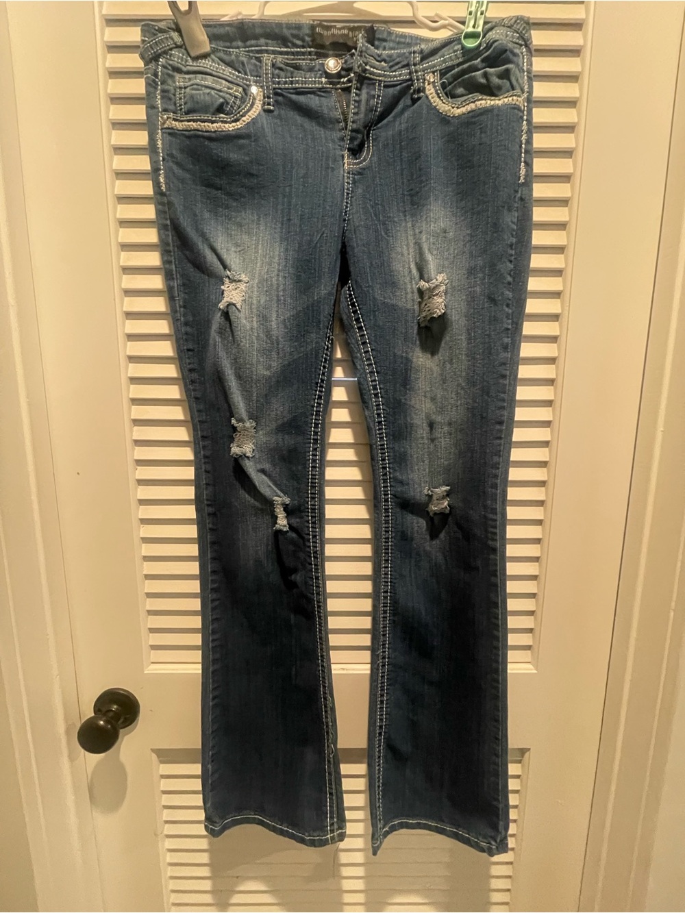 Embellished Dark Blue Distressed Flare Jeans